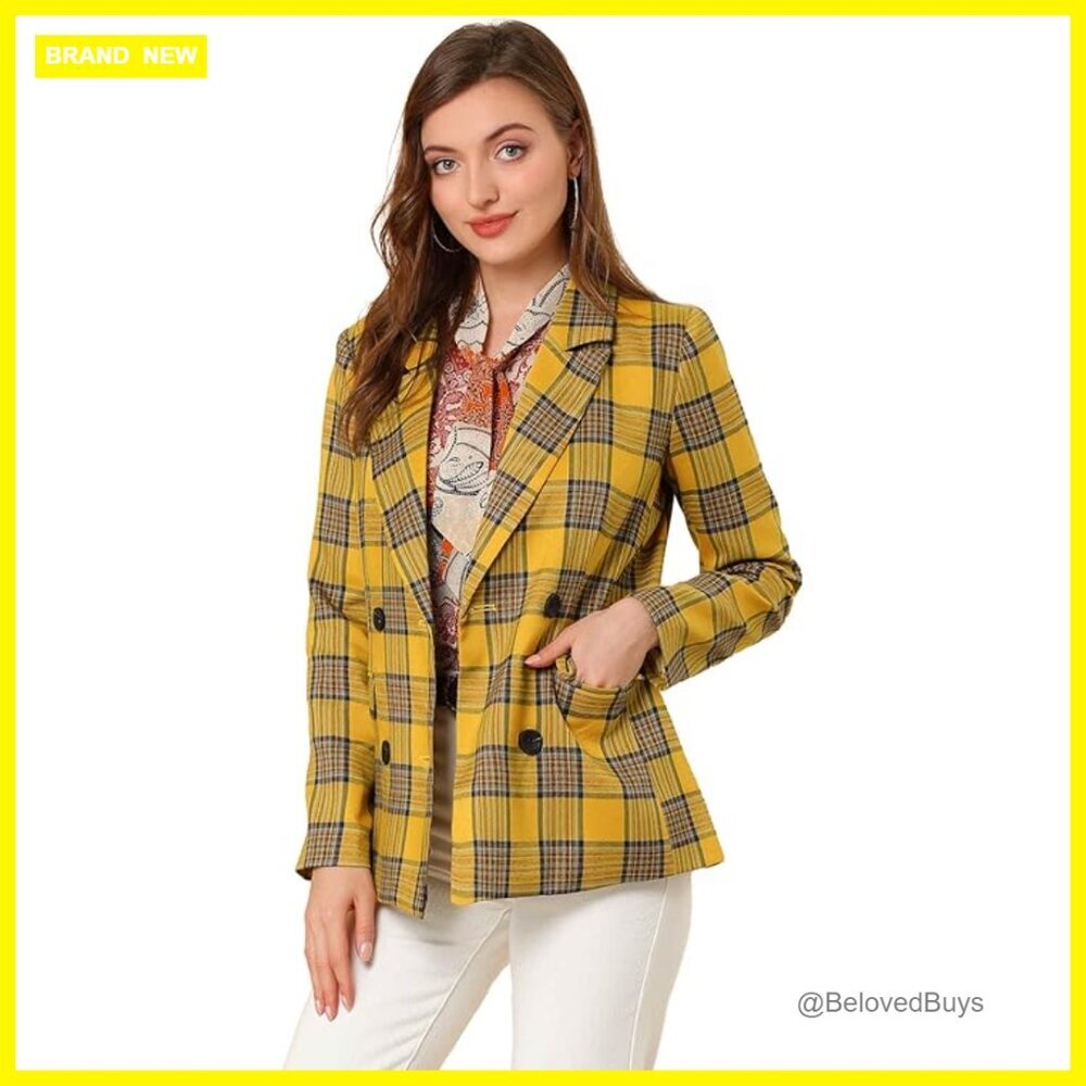 Double Breasted Plaid Blazer with Notched Lapel for Work and Formal